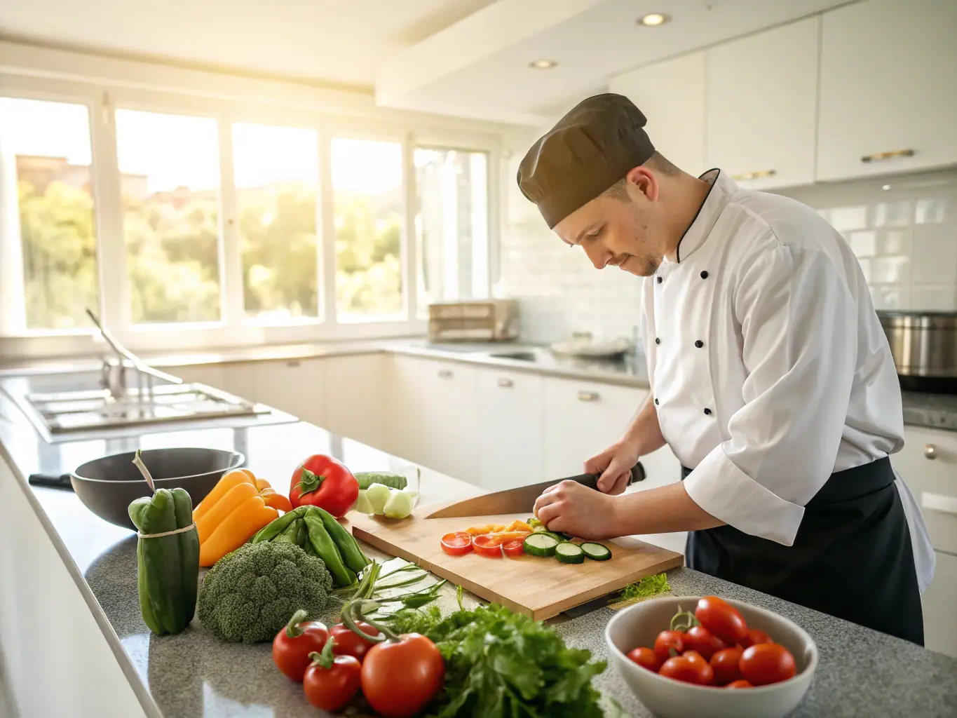 A close-up shot of a woman preparing a healthy, colorful salad in her kitchen, emphasizing the importance of nutrition.