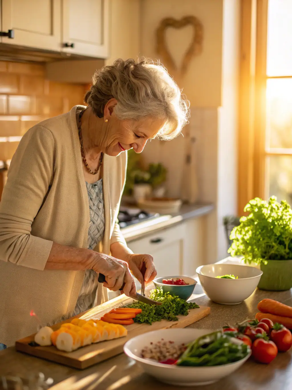 A video still showing a woman preparing a healthy salad in her kitchen, advertising a video tutorial on quick and nutritious meal ideas.