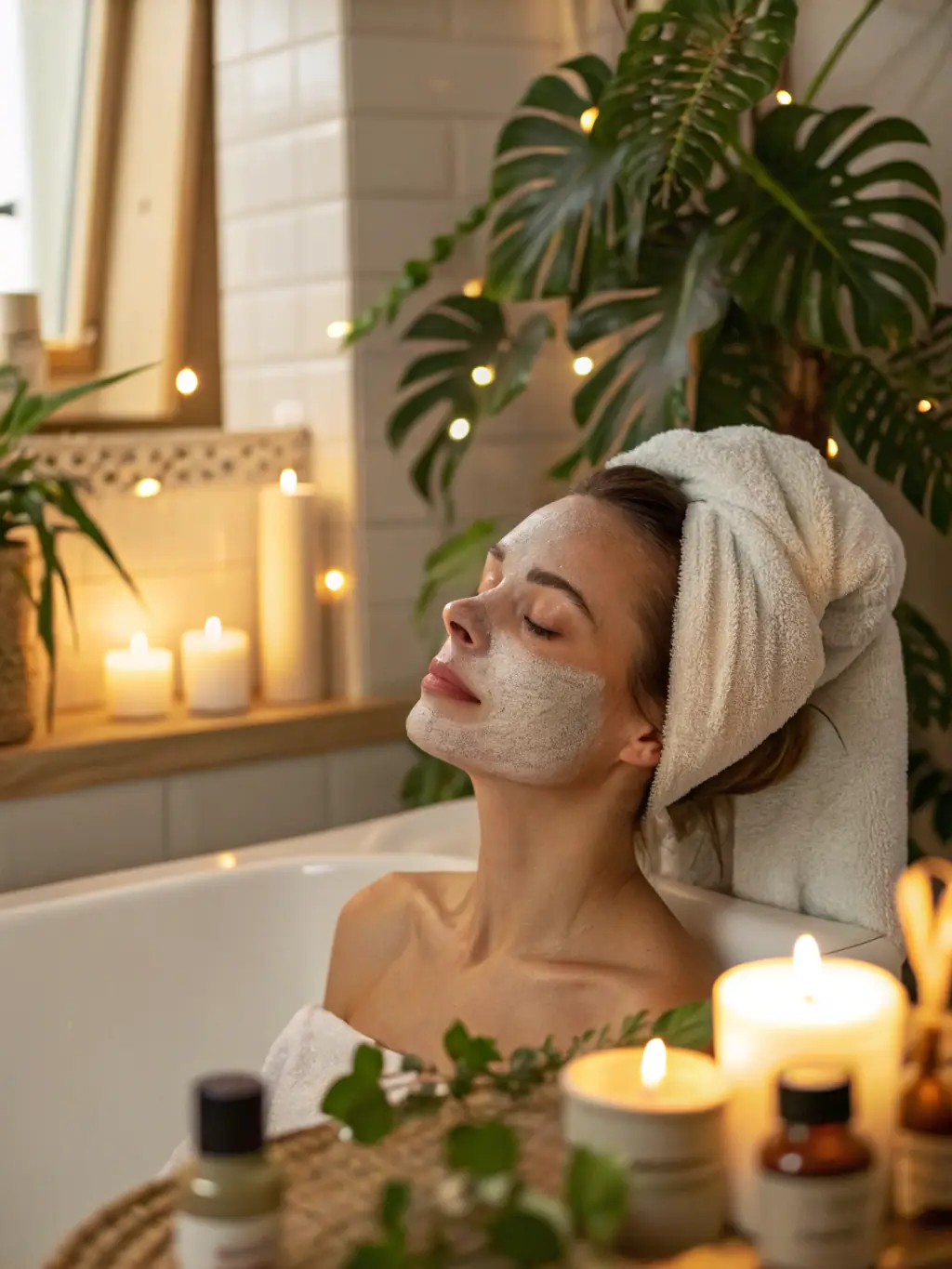 A video still showing a woman applying a natural face mask, advertising a video tutorial on DIY skincare recipes for mature skin.