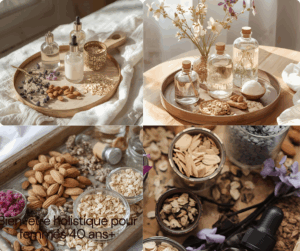 a spa tray with elegant glass bottles filled with finished products, dried flowers, and natural ingredients like almonds and oatmeal.