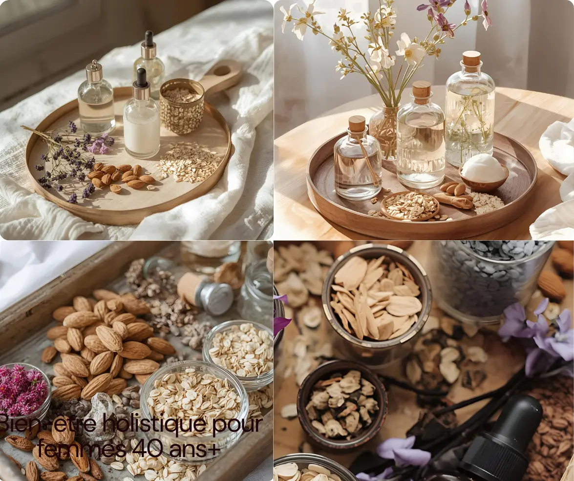a spa tray with elegant glass bottles filled with finished products, dried flowers, and natural ingredients like almonds and oatmeal.