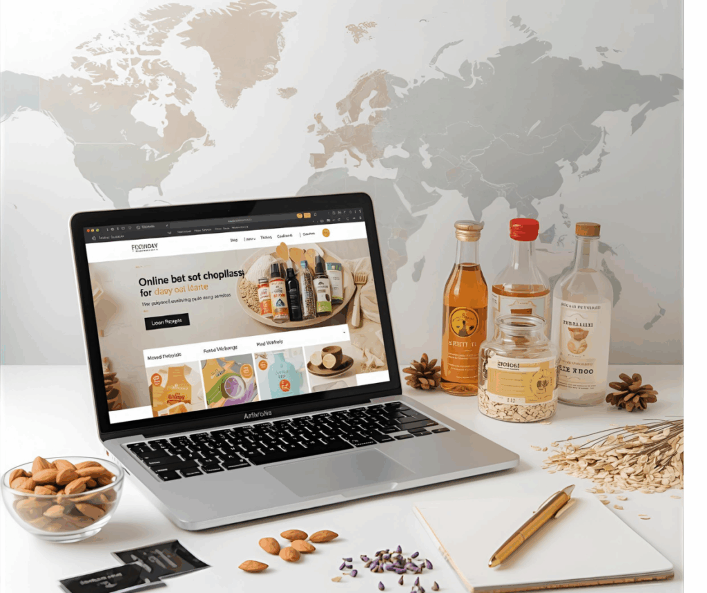 Un ordinateur portable ouvert montrant des sites de vente en ligne Quelques bouteilles en verre élégamment étiquetées Une carte du monde stylisée en arrière-plan Des ingrédients naturels (amandes, flocons d'avoine, fleurs séchées) dispersés Une ambiance "bureau créatif" avec un carnet et un stylo