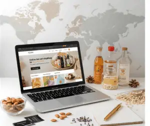 Un ordinateur portable ouvert montrant des sites de vente en ligne Quelques bouteilles en verre élégamment étiquetées Une carte du monde stylisée en arrière-plan Des ingrédients naturels (amandes, flocons d'avoine, fleurs séchées) dispersés Une ambiance "bureau créatif" avec un carnet et un stylo