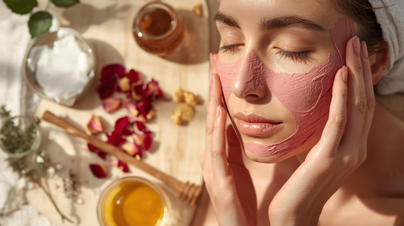 une belle femme entrain de préparer un Masque_Anti-Âge Apaisant_ (Argile Rose) où on peut voir les ingrédients utilisés_