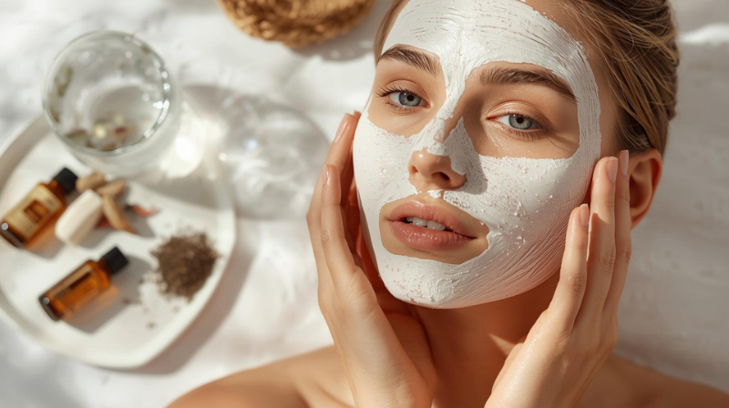 une belle femme entrain de préparer un Masque_Illuminateur Douceur_Argile Blanche_ oùu on peut voir les ingrédients utilisés