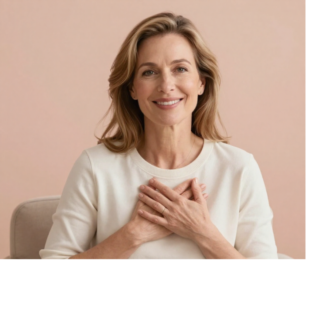 Femme épanouie de 45 ans, assise dans un cadre apaisant, la main posée sur son cœur, souriant avec confiance - illustration de la santé cardiaque féminine après 40 ans