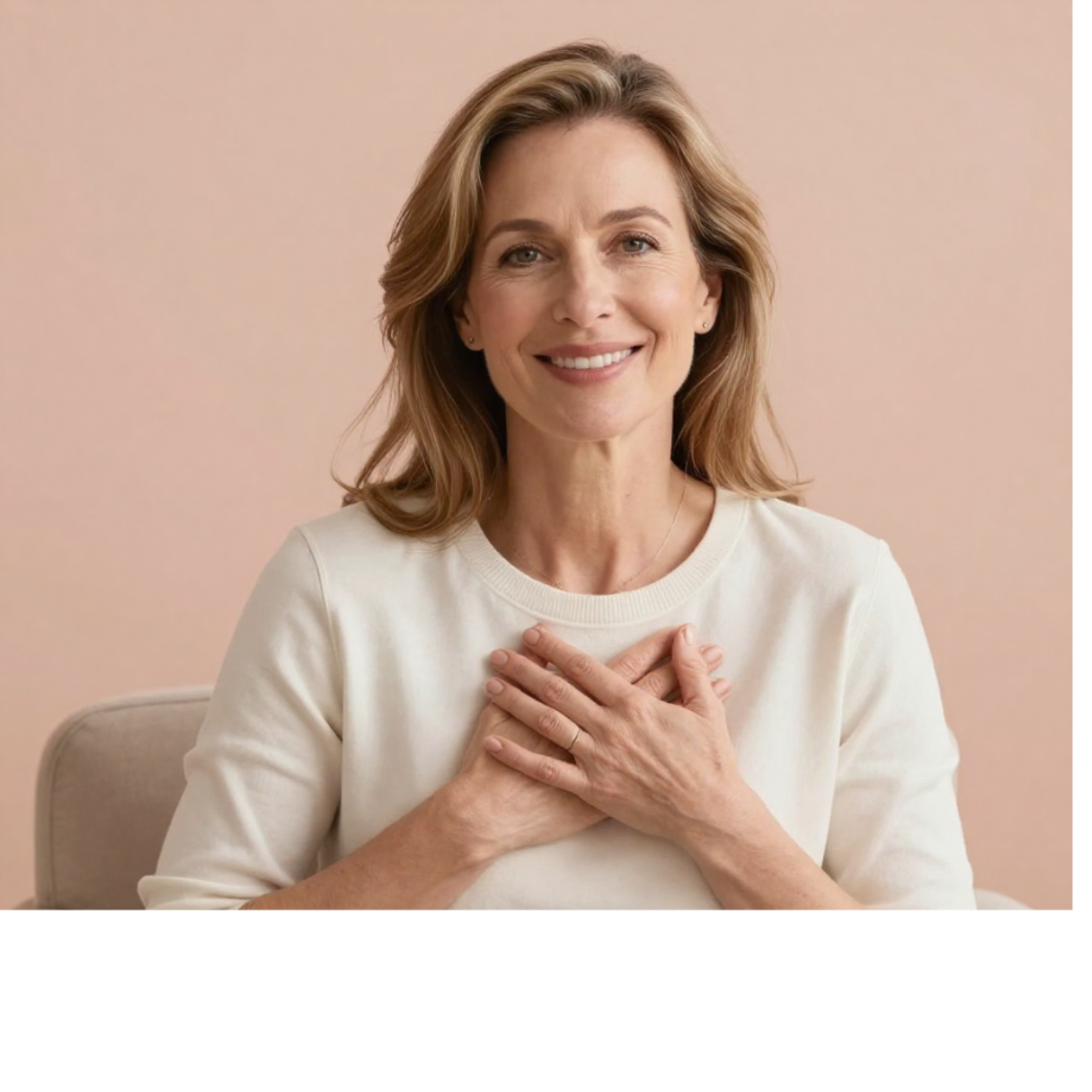 Femme épanouie de 45 ans, assise dans un cadre apaisant, la main posée sur son cœur, souriant avec confiance - illustration de la santé cardiaque féminine après 40 ans
