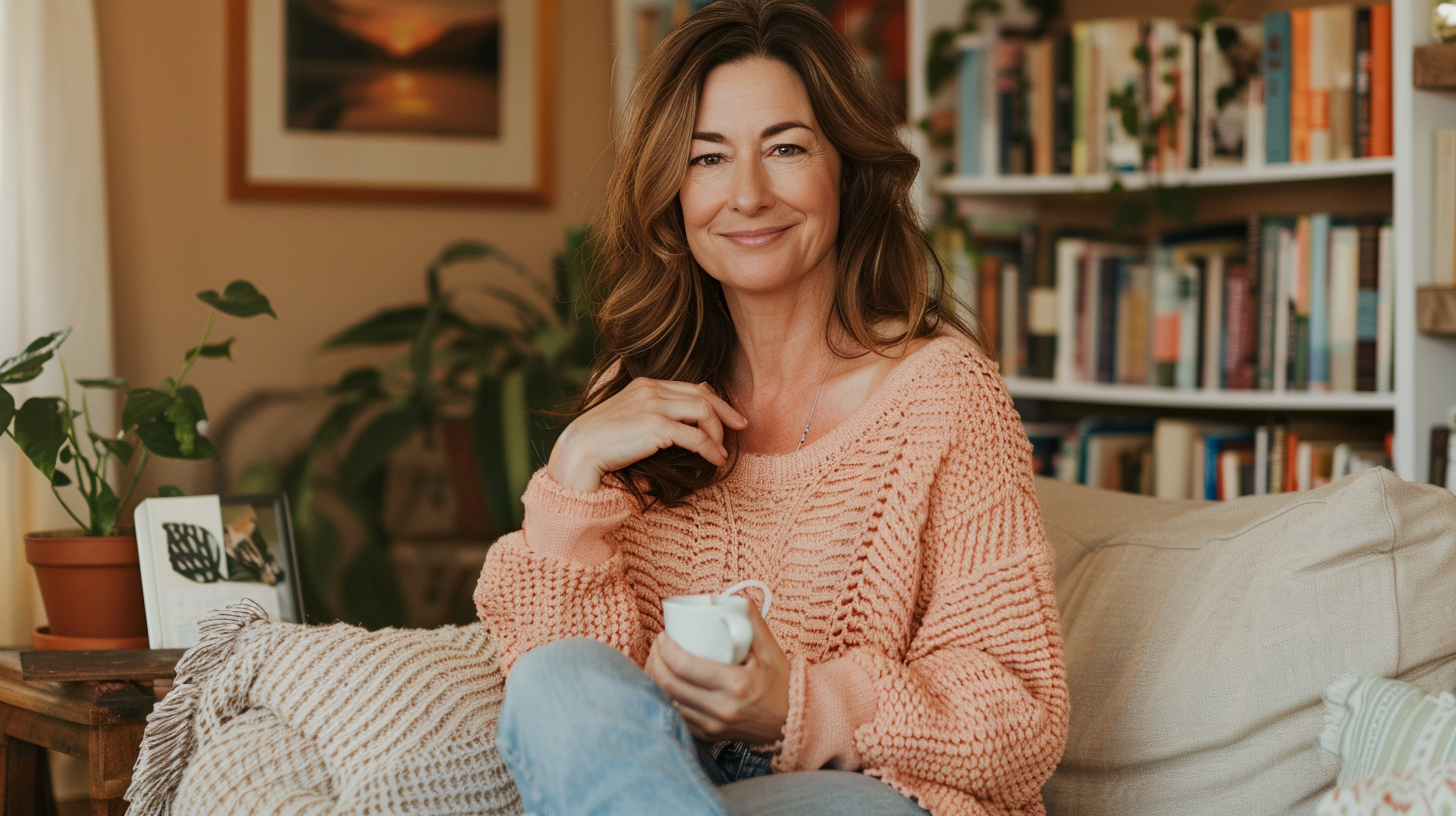Femme de 45 ans souriante, main posée sur sa poitrine, assise sur un canapé beige devant une bibliothèque lumineuse avec une tasse de thé. Ambiance calme et prévention cardiovasculaire après 40 ans.