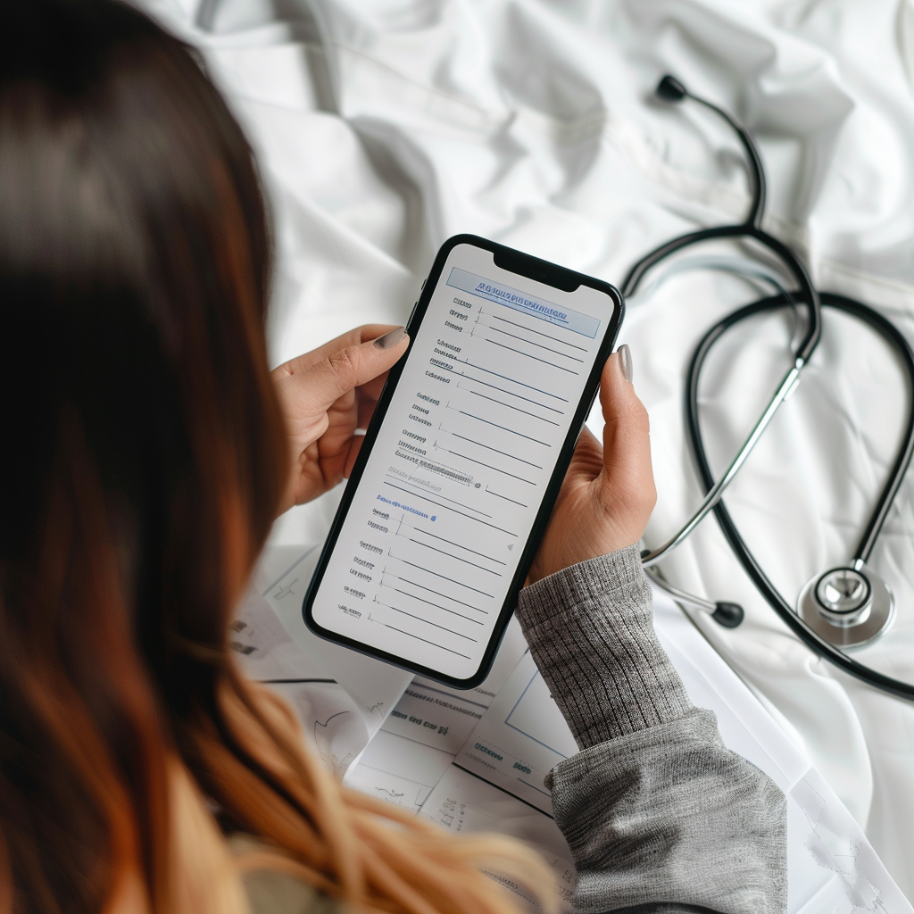Femme tenant un smartphone avec une liste de questions, stéthoscope à côté – préparation consultation médicale