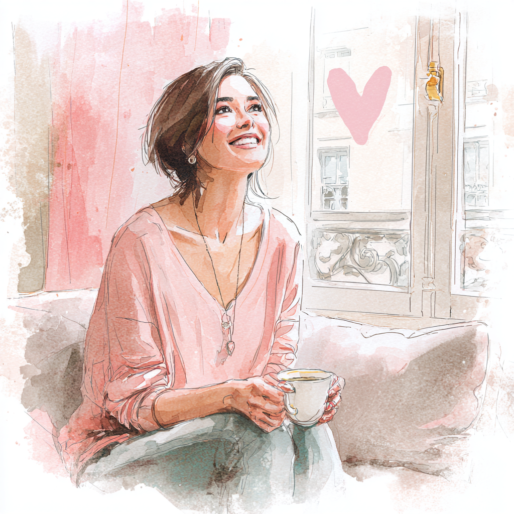 Femme rayonnante d'environ 48 ans, souriante, assise dans un salon lumineux – illustration bienveillante pour la prévention cardiovasculaire BloomBeyond40