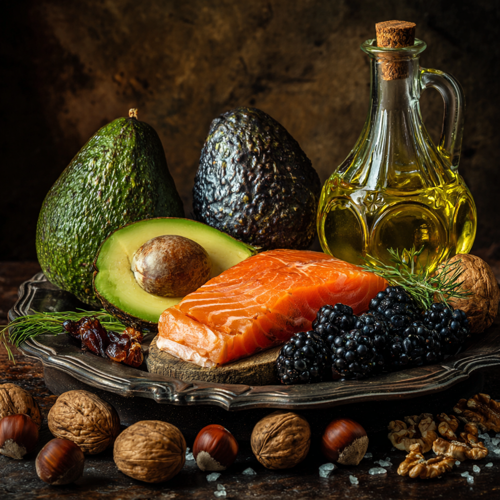 Nature morte lumineuse d'aliments bons pour le cœur : avocat, saumon, baies, noix, légumes verts, huile d'olive – alimentation cardio-protectrice