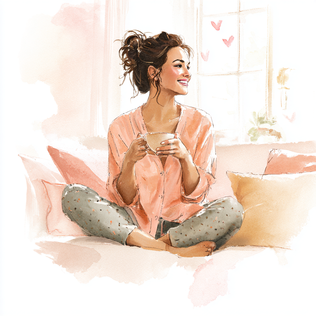 Femme rayonnante d'environ 48 ans, souriante, assise dans un salon lumineux – illustration bienveillante pour la prévention cardiovasculaire BloomBeyond40