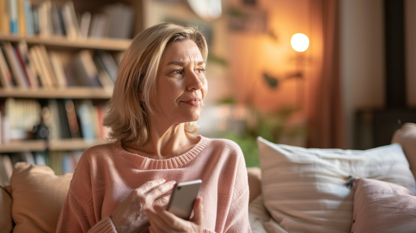 Femme mature la main sur la poitrine, expression calme – signes d'alerte cardiaque