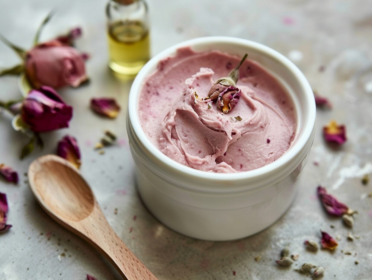 Masque éclat à l'argile rose dans un bol en céramique avec des pétales de rose