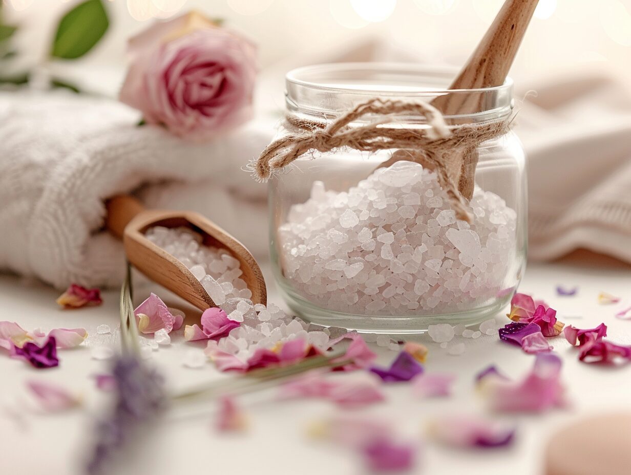 Bain relaxant aux sels d'Epsom et pétales de rose dans un bocal en verre avec des pétales de rose et des cristaux de sel