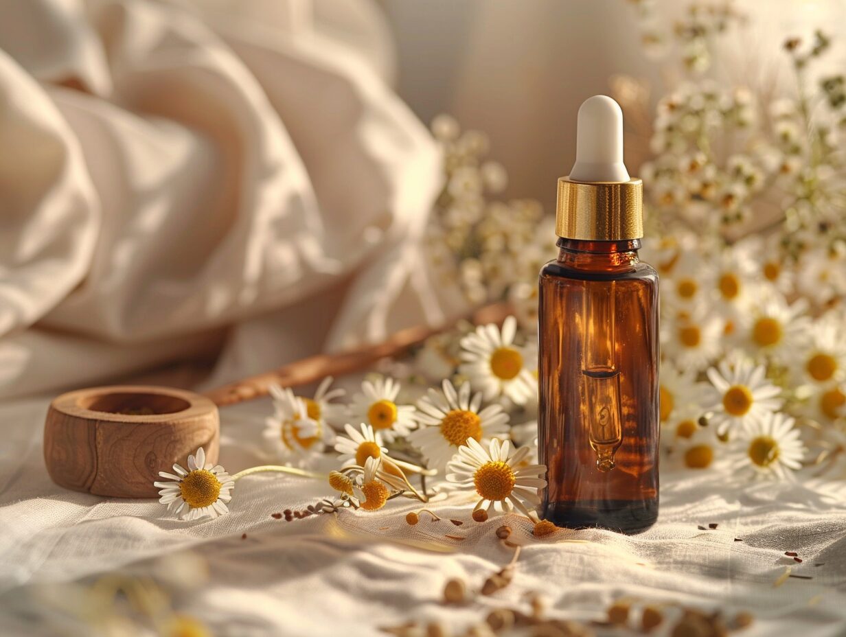 Contour des yeux apaisant à la camomille et huile de jojoba dans un flacon avec des fleurs de camomille