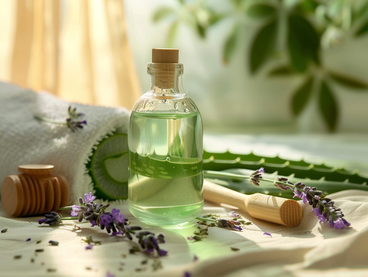 Lait hydratant aloe vera et lavande dans un flacon avec une feuille d'aloe et des fleurs de lavande