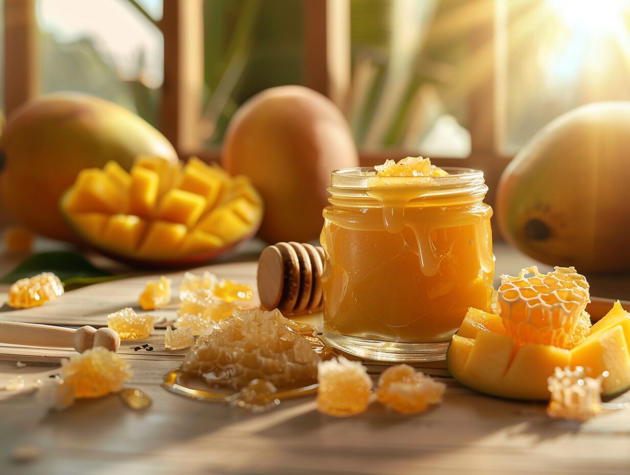 Baume à lèvres nourrissant dans un petit pot en verre avec de la cire d'abeille et du beurre de mangue