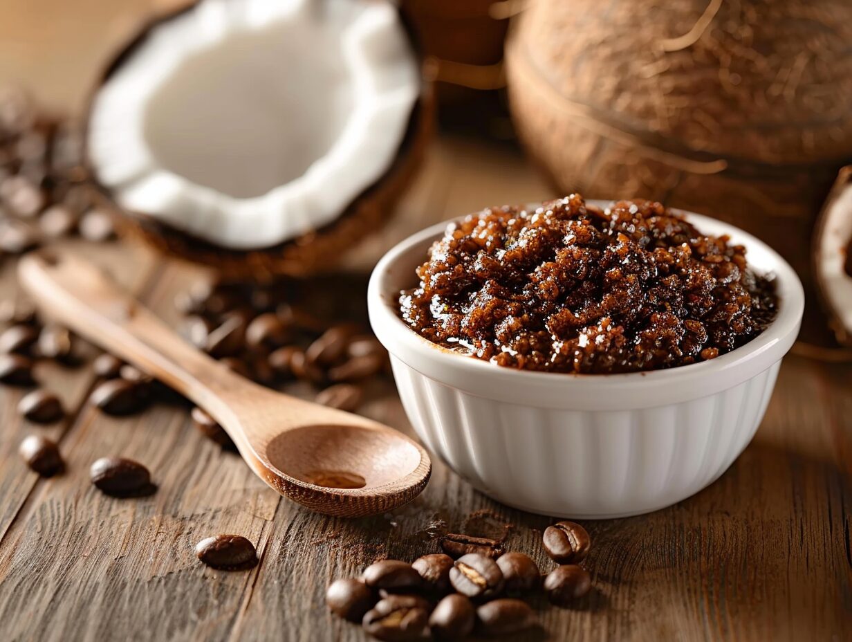 Gommage corps au marc de café et huile de coco dans un bol en céramique avec une noix de coco et des grains de café