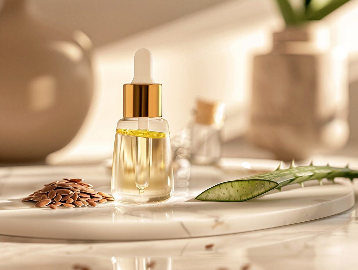 Sérum hydratation intense aux graines de lin dans un flacon en verre avec des graines de lin et une feuille d'aloe vera