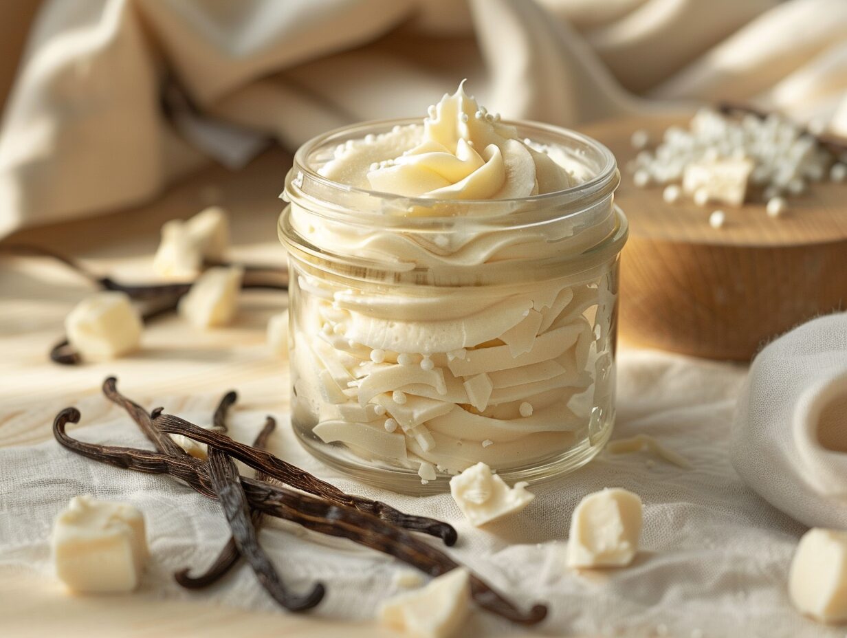 Beurre corporel fouetté karité, argan et vanille dans un pot en verre avec une gousse de vanille et des fèves de karité