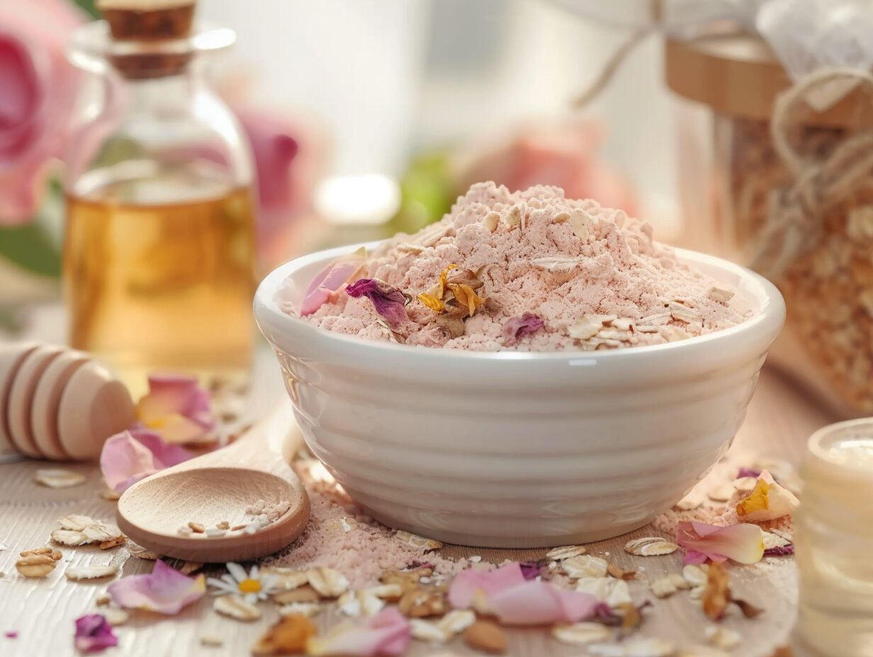 Gommage fin aux pétales de rose et avoine dans un bol en céramique avec des pétales de rose et une cuillère en bois