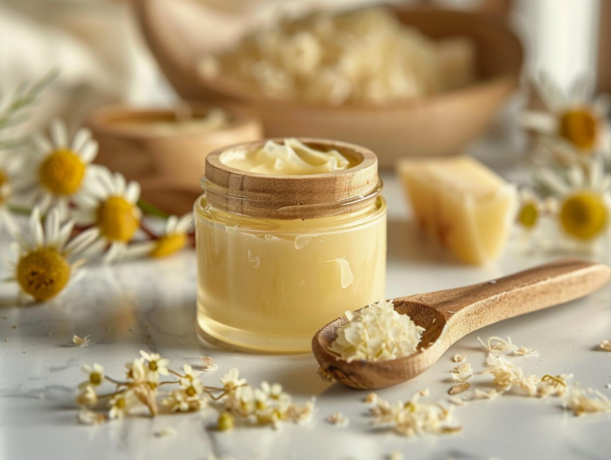 Baume de nuit à la camomille et beurre de karité dans un pot en verre avec des fleurs de camomille à côté