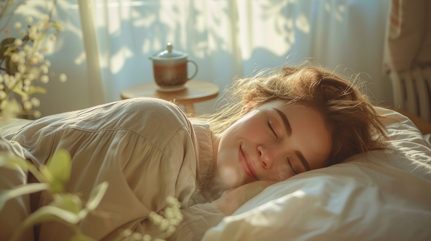 Femme de 40 ans sereine allongée dans son lit pour un sommeil réparateur après 40 ans