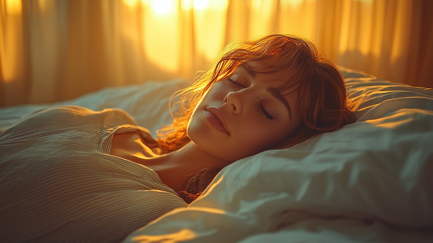 Femme de 50 ans dormant paisiblement dans un cadre apaisant – illustration de la TCC-I pour l'insomnie ménopausique